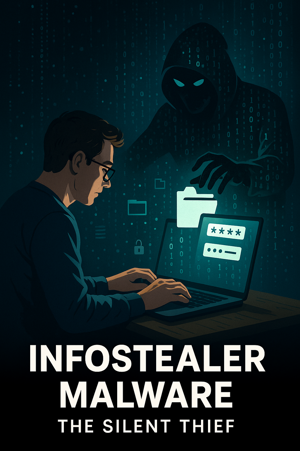 Illustration showing a shadowy figure made of digital code reaching out of a laptop screen to steal personal data, representing infostealer malware.